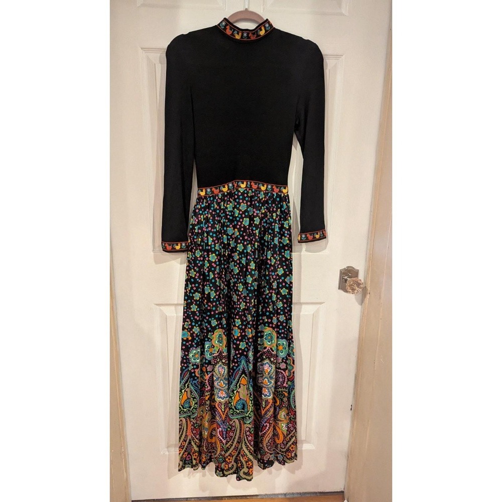 Melissa Lane Black Floral Rooster Folk Art Midi Dress Size 8 Chic 90s Boho Party - Picture 4 of 11